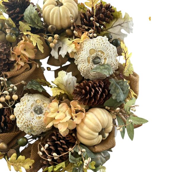 Rustic Fall Wreath With Pumpkins Pinecones & Burlap Ribbon 22" - Picture 4 of 5